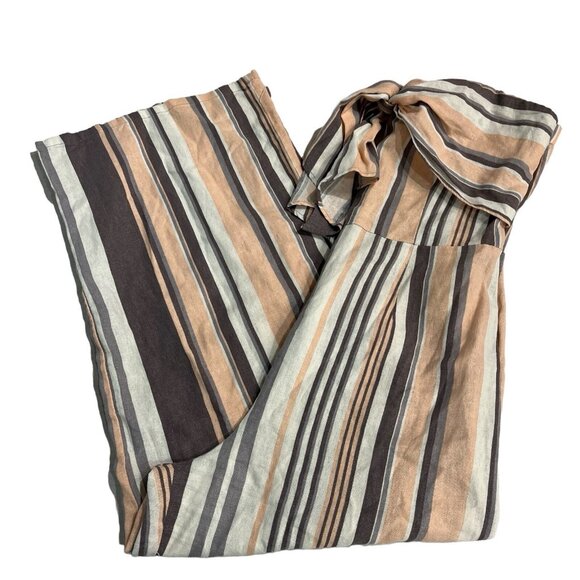 Gypsies & Moondust Jumpsuit L Linen Blend Neutral Striped Wide Leg Strapless - Picture 2 of 11